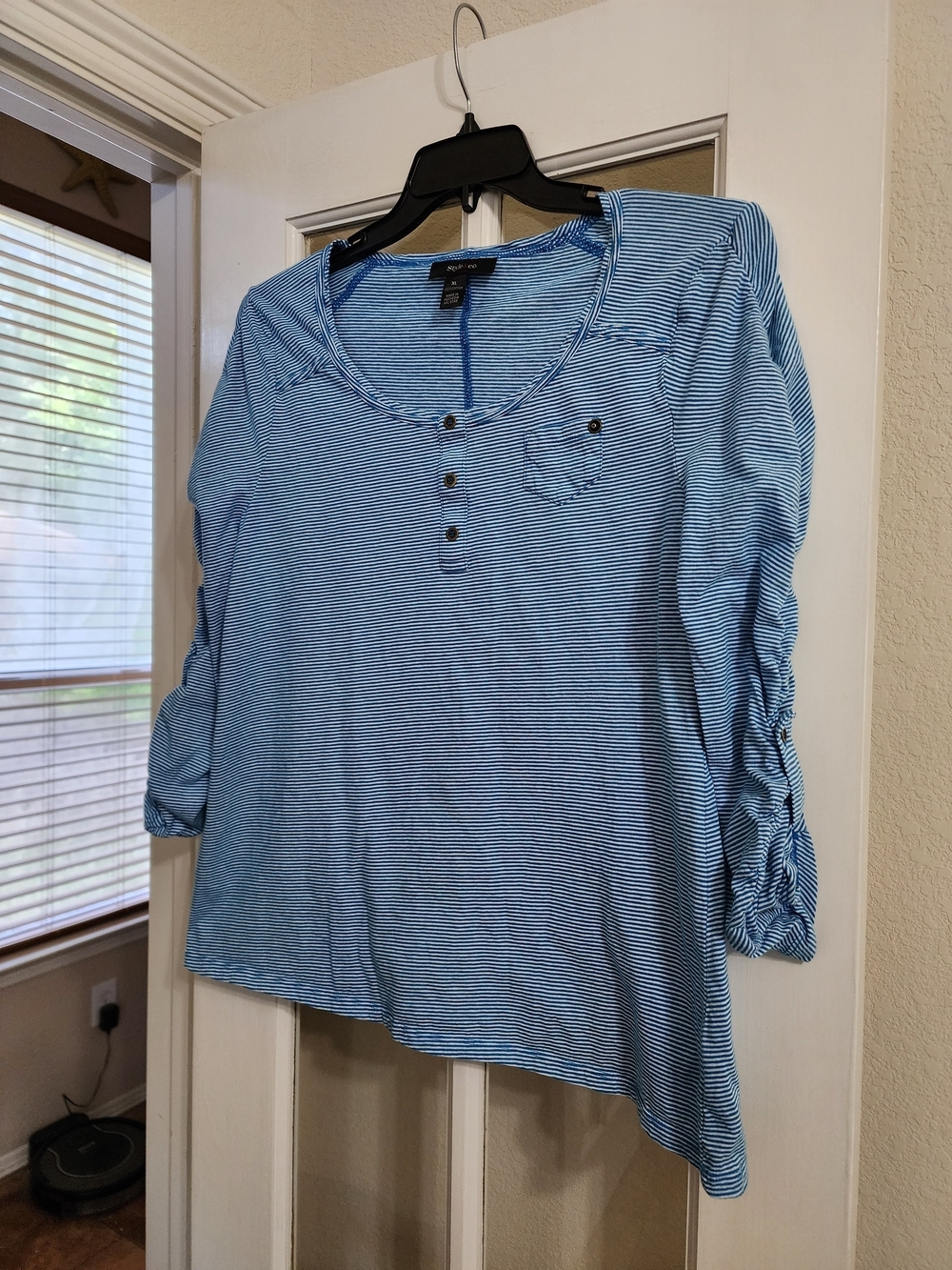 Style & Co Blue White Striped Roll Tab Henley Top XL Coastal Cotton - Picture 2 of 11